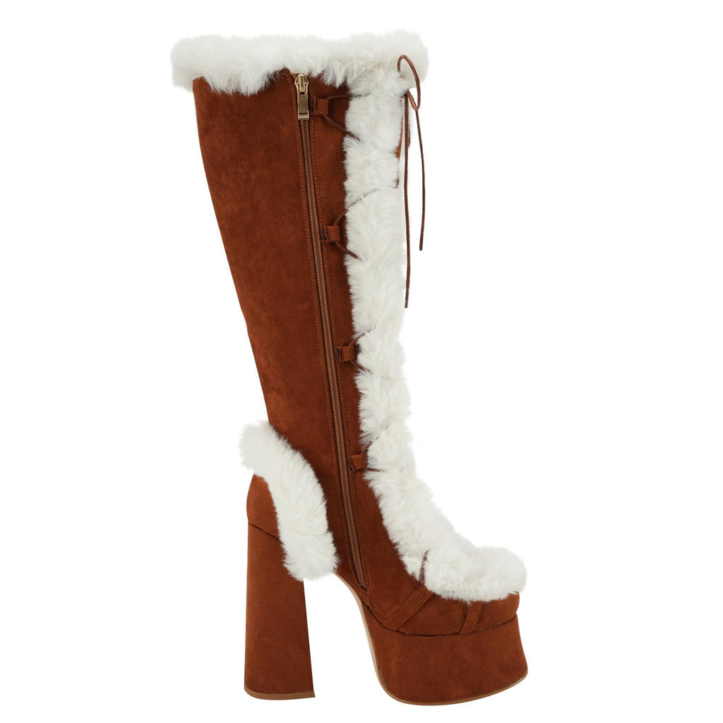 Brown Fur Perisis Women's High Chunky Heel Platform Knee High Boots