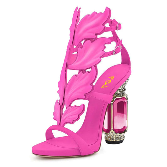 FSJ Women Open Toe Stylish Sandal Ankle Strap Chunky Block High Thick Heels Wedding Party Ballroom Prom Shoes Size 11 Pink Flame