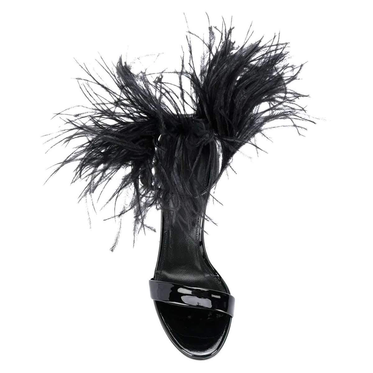FSJ Women Feather Gold Metal Chain Chunky High Heels Ankle Strap Sandals Open Toe Fashion Shoes Size 8 Black Fur