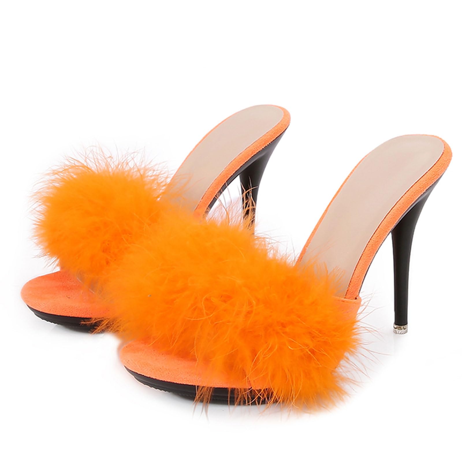 XHOGNLS Women's Feather Stiletto Prom Sandals Sexy Round Toe Fluffy Fur Feather Super High Heels Slip On Party Mules Fluff Slides For Evening Wedding Dress (Orange,7)