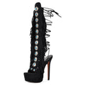 Only maker Women’s Platform Gladiator Sandals Stiletto High Heels with Fringe & Turquoise Decorations Open Toe Summer Boots with Back Lace-Up Faux Suede Black