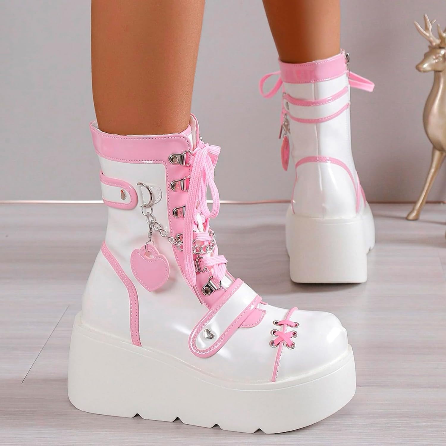 XYKHUI Goth Platform Buckle Boots for Women's Chunky High Heel Lace Up Punk Motorcycle Combat Boots with Chain Pink