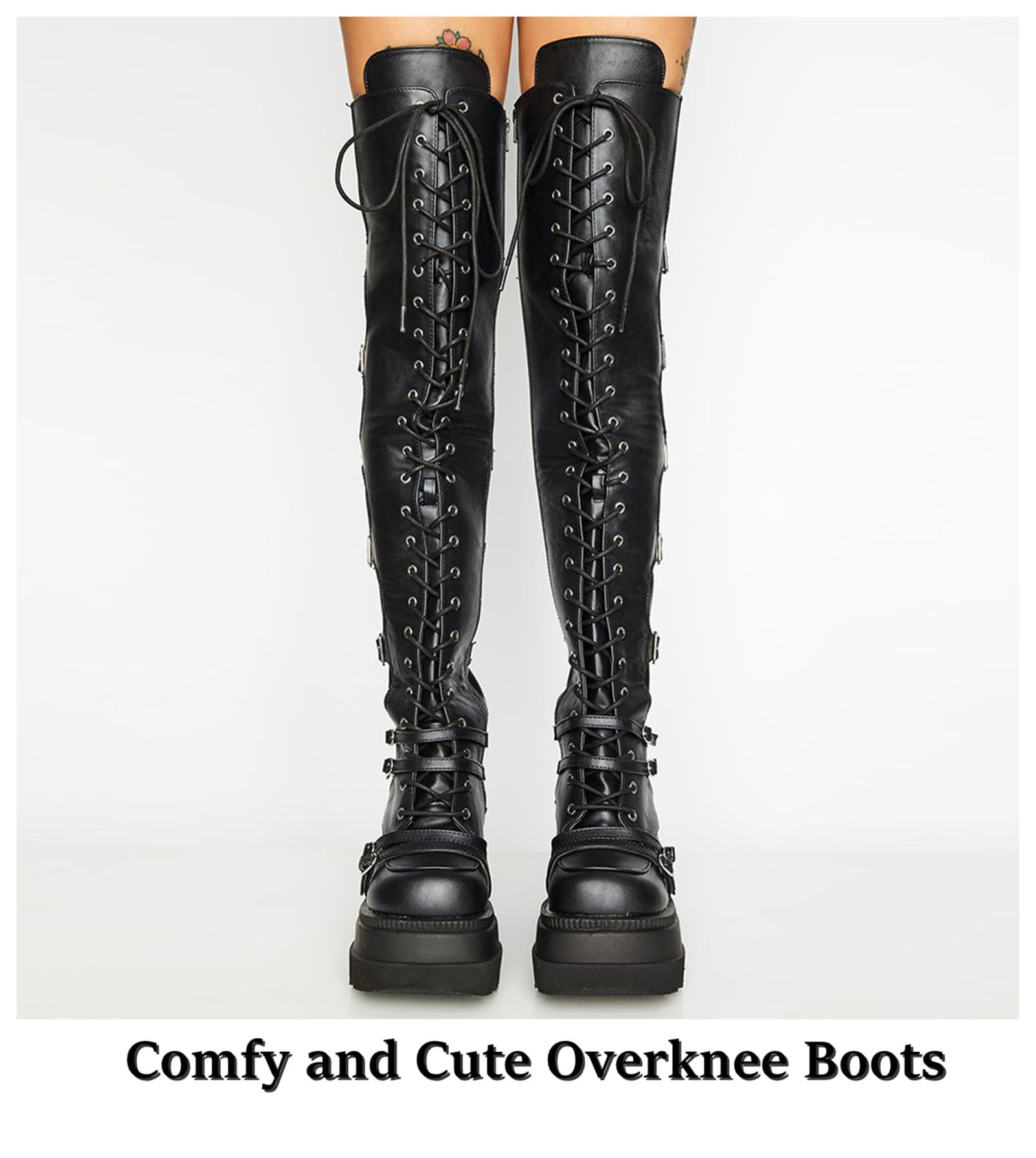 Gothniero Black Platform Boots Over Knee Thigh High Goth Boots for Women Chunky Heel Rave Motorcycle Boots with Buckles Side Zip Lace Boots Size5.5-10