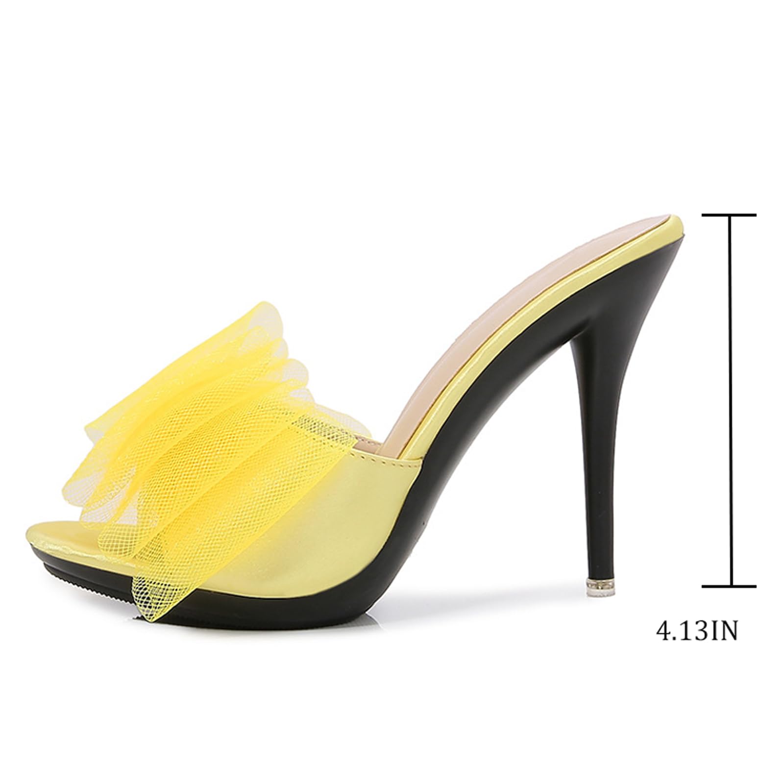 XHOGNLS Women'S Sexy Mesh Bow Stiletto Slides Sandals Fashion Round Open Toe Tulle Bow Slip On High Heel Prom Mule Sandals For Party Wedding (5,yellow)