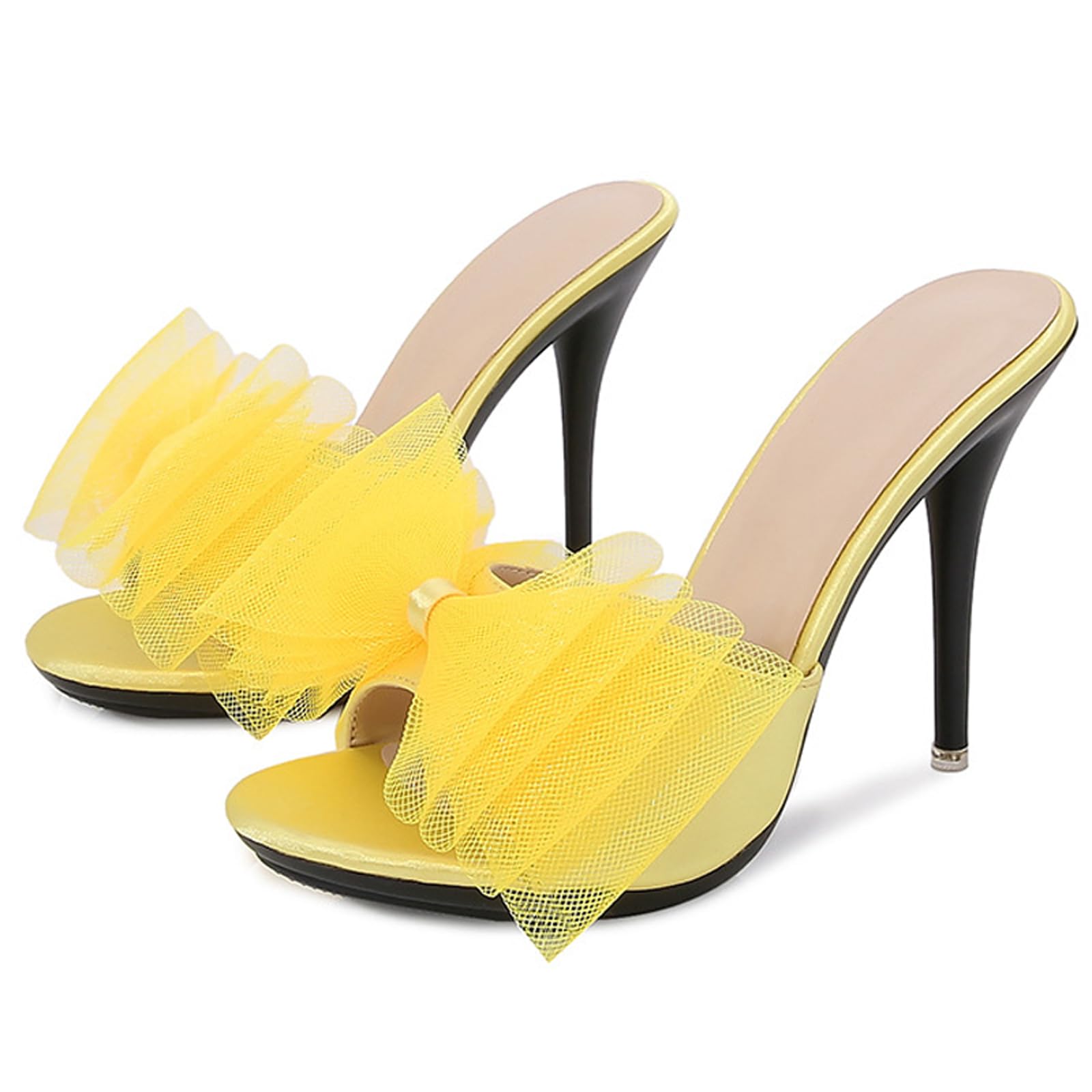 XHOGNLS Women'S Sexy Mesh Bow Stiletto Slides Sandals Fashion Round Open Toe Tulle Bow Slip On High Heel Prom Mule Sandals For Party Wedding (5,yellow)
