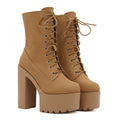 Women's Leather Platform Chunky High Heel Mid Calf Boots Warm Fur Lined Comfortable Round Toe Lug Sole Block Heel Lace Up Combat Boots Winter Fashion Party Increase Boots (brown