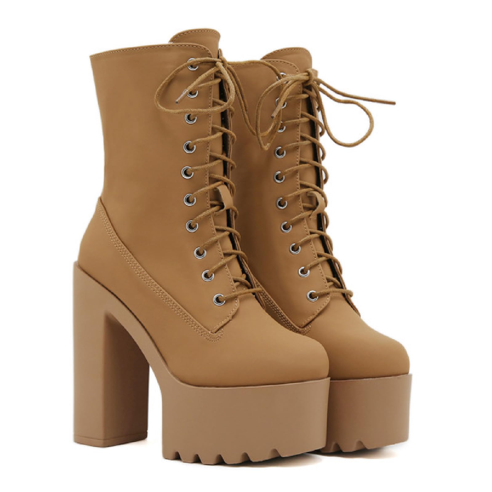 Women's Leather Platform Chunky High Heel Mid Calf Boots Warm Fur Lined Comfortable Round Toe Lug Sole Block Heel Lace Up Combat Boots Winter Fashion Party Increase Boots (brown