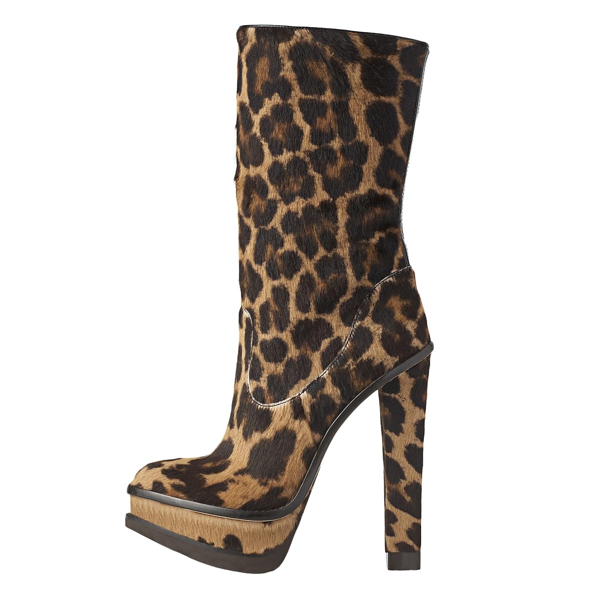 FSJ Women Platform Boots Closed Toe Thin Chunky Heel Side Zipper Double Platform Ankle Boots Punk Combat Mid Calf Boots Size 8 Leopart