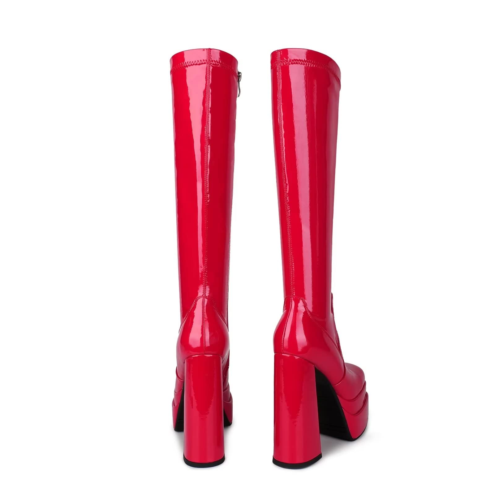wetkiss Red Patent Platform Knee High Boots Women Red Women's Knee-high Gogo Boots Chunky Long 70s Boot Stretch Patent Leather Square Toe Party Festival Cosplay