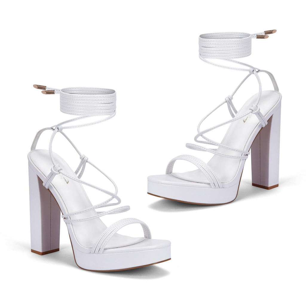 Elisabet Tang Women's Strappy Heeled Sandals, 5 inch Platform Heels Chunky Lace up High Heels Open Toe Party Shoes White Patent