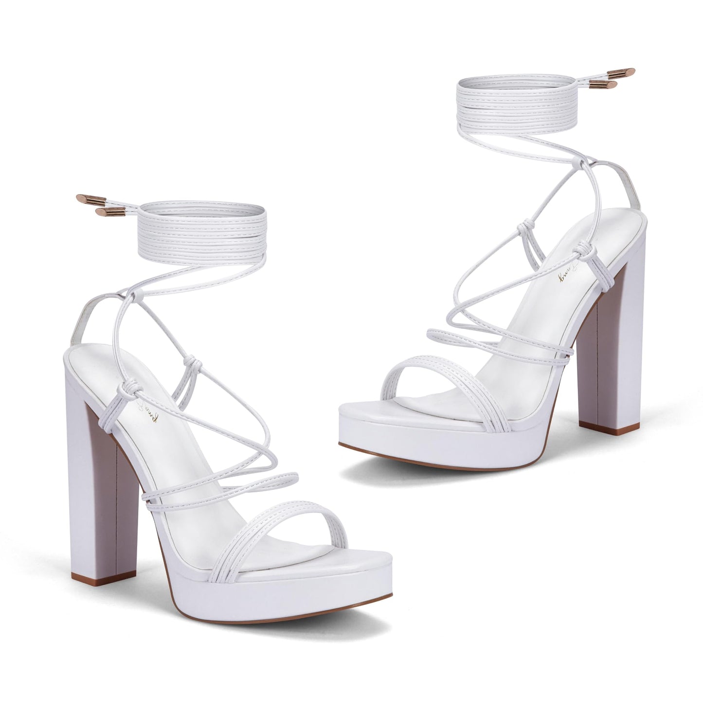 Elisabet Tang Women's Strappy Heeled Sandals, 5 inch Platform Heels Chunky Lace up High Heels Open Toe Party Shoes White Patent Size 11