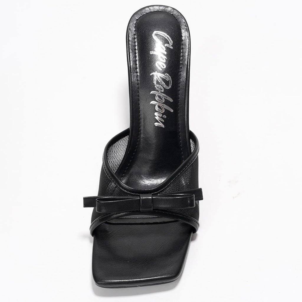 Cape Robbin Women's Slip On Square Toe Mid Heels with Bow Detail and Breathable Mesh Upper - Comfortable Low Heel Sandals for Women Dressy (Manon) Black