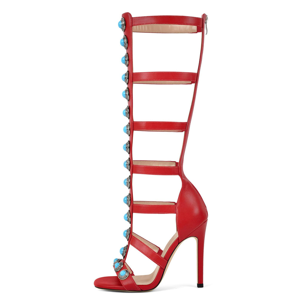 MissHeel Knee High Strappy Heel for Women Red Knee-High Gladiator-Heels Turquoise High-Heel Sandals with Jewelry Size 5