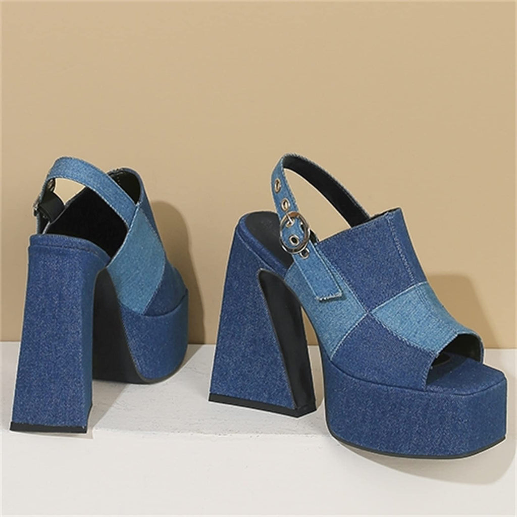 AIMODOR Women Checkered Platform Pumps Chunky Heels Sandals Open Square Toe Slingback Dress Pumps Blue