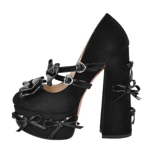 Rhineshell Women's Round Closed Toe Bowknots Studded Platform High Heels Mary Jane Block Chunky Heel Pumps Party Dress Adjustable Buckles Faux Suede Shoes Black Size 10