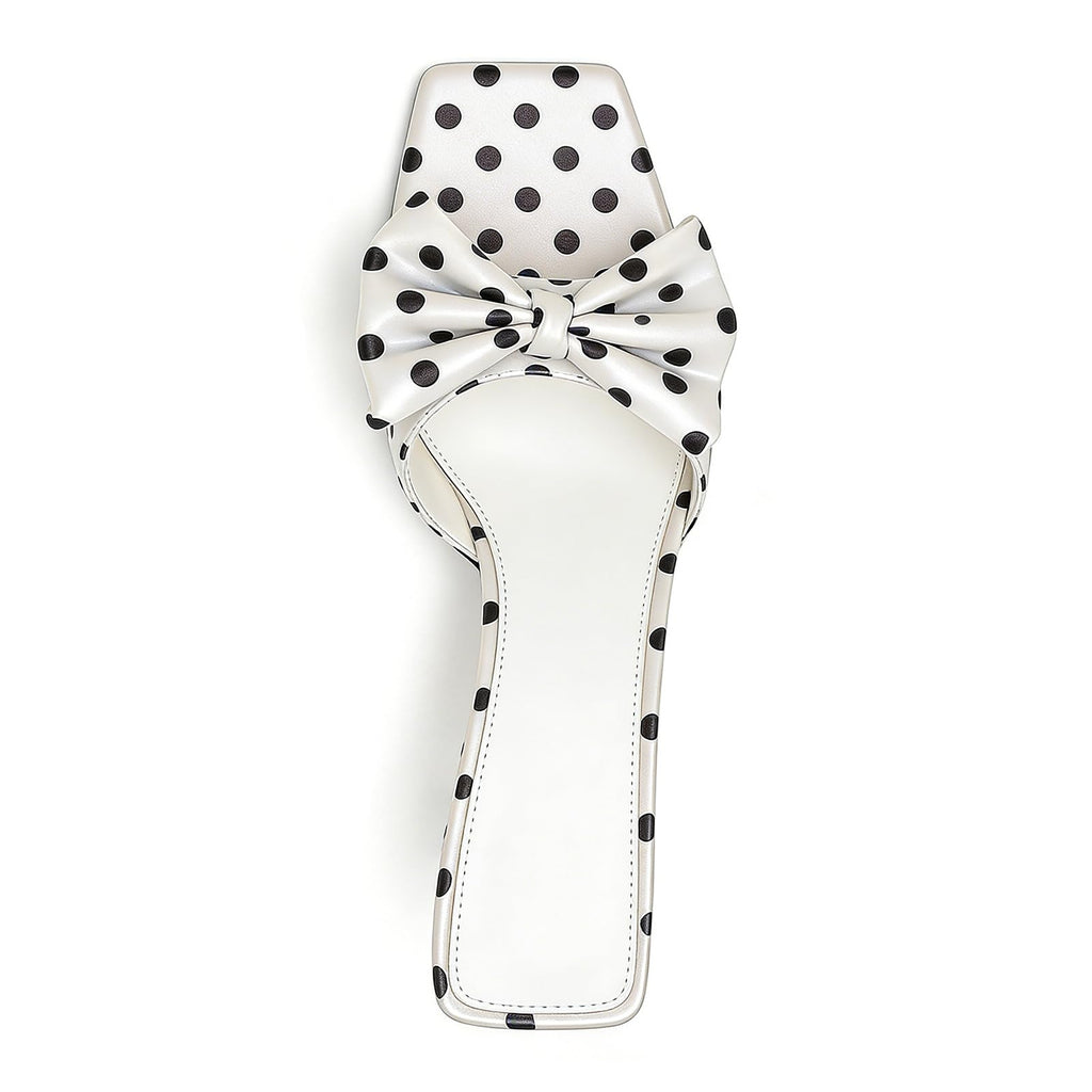 BGSMGISKD Women'S Satin Polka Dot Bow Stiletto Slide Sandals Sexy Square Open Toe High Heel Elegant Dress Mule Sandals for Fashion Prom Party Summer Wedding (White/3.54in,8)