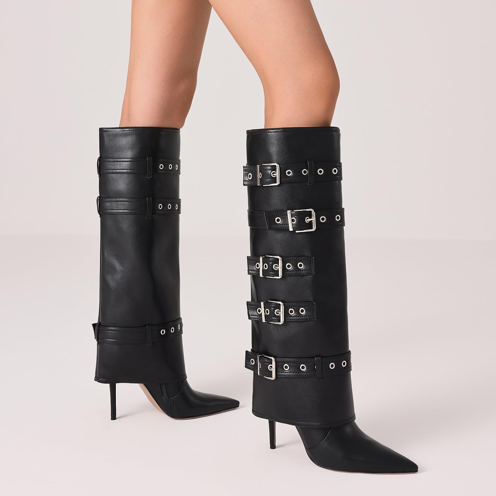 Grakihily Womens Black Boots Knee High Buckle Fold Over Tall Boots Leather Long Slouchy Shark Boot Pointed Toe Stiletto Heel with Zipper,Size, 8.5