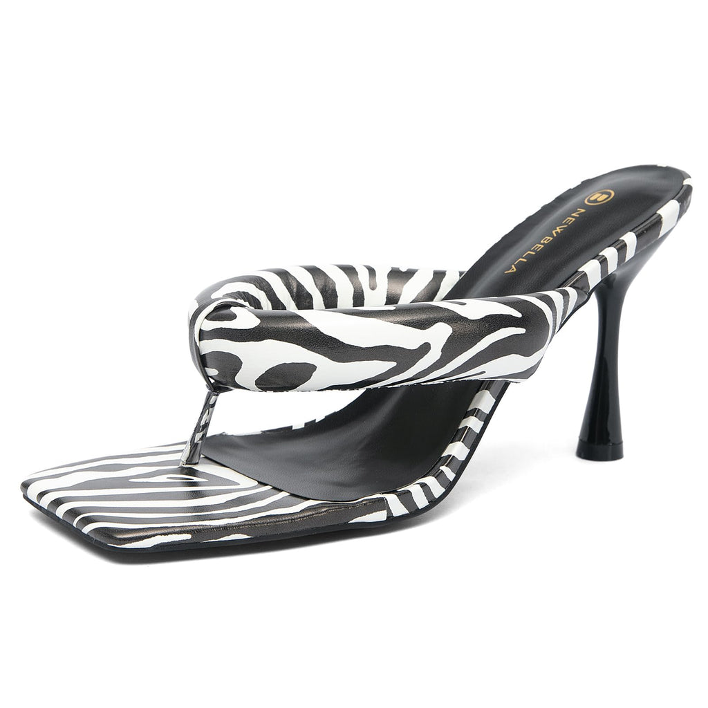 NEWBELLA Women's Square Toe Heeled Sandals Thong Strap Stiletto Heel Slip On Dress Shoes Fashion Summer Heels for Party Date Night Casual Wear