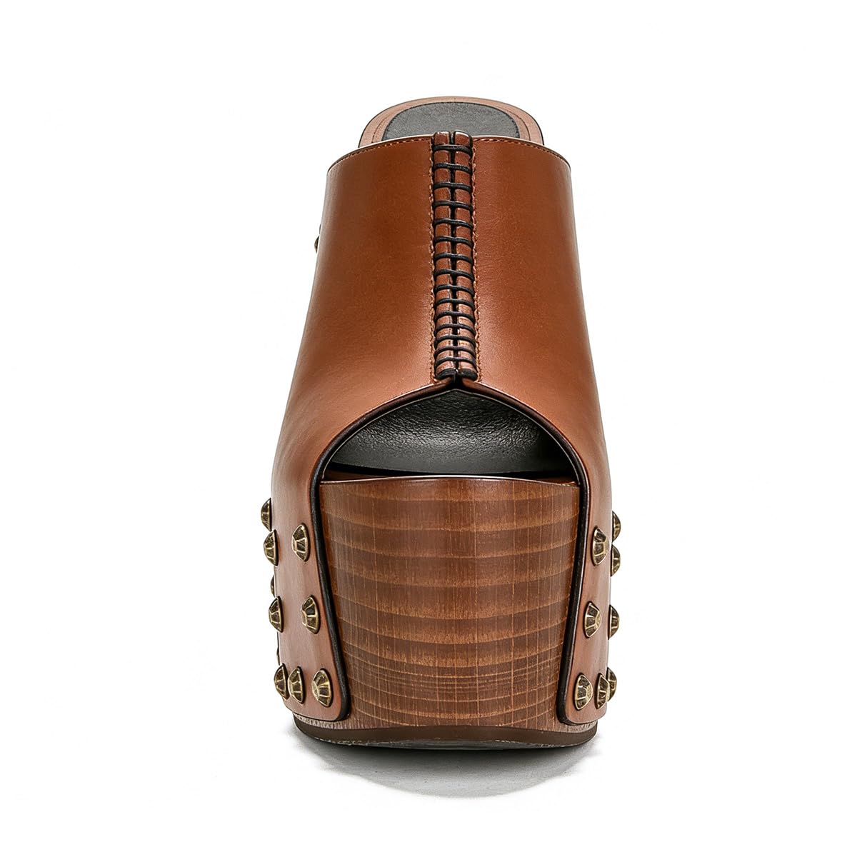 XYD Women Wooden Chunky Heel Mules Platform Bronzed Studs Open Toe Block Sandals Vintage Parties Shoes (Size 7.5, Brown)