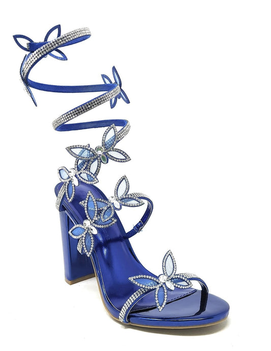Wild Diva Women's Embellished Rhinestone Butterfly Spiral Coil Wrap Around Chunk Heel Morris-581 (Blue Metallic PU 9), Morris581-L3