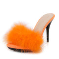 XHOGNLS Women's Feather Stiletto Prom Sandals Sexy Round Toe Fluffy Fur Feather Super High Heels Slip On Party Mules Fluff Slides For Evening Wedding Dress (Orange,7)