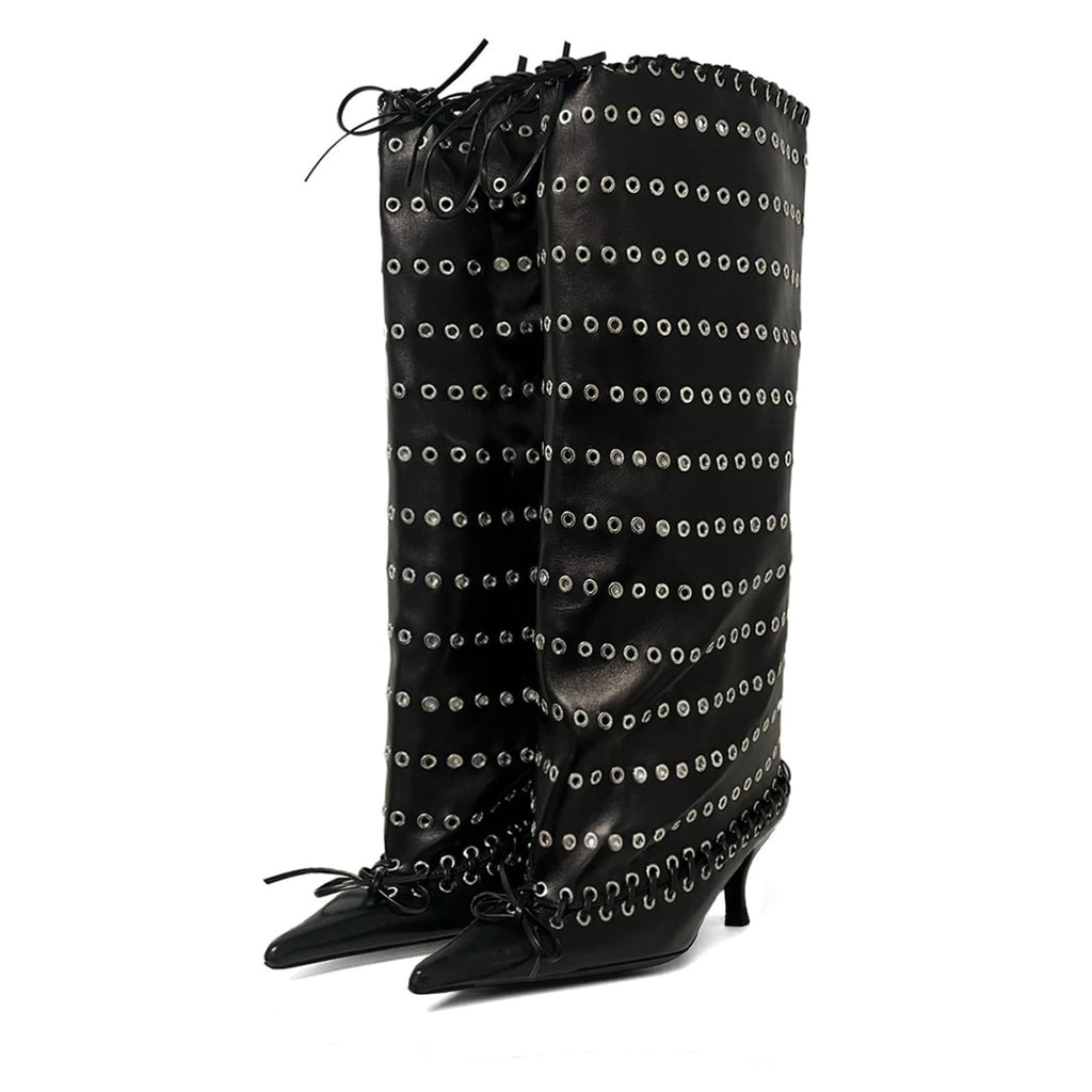 Goolita Women's Pointed Toe Metal Eyelets Knee High Boots Kitten Heel Lace Up Bow Slip on Wide Calf Tall Boots
