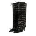 Goolita Women's Pointed Toe Metal Eyelets Knee High Boots Kitten Heel Lace Up Bow Slip on Wide Calf Tall Boots