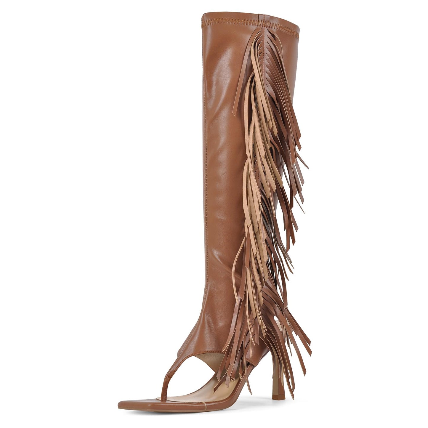 Richealnana Women's Fringe Thong Flip Flop Stilettos Heel Sandals Tassel Zipper Square Toe Long Boots Cut Out Knee High Shoes Brown US 10