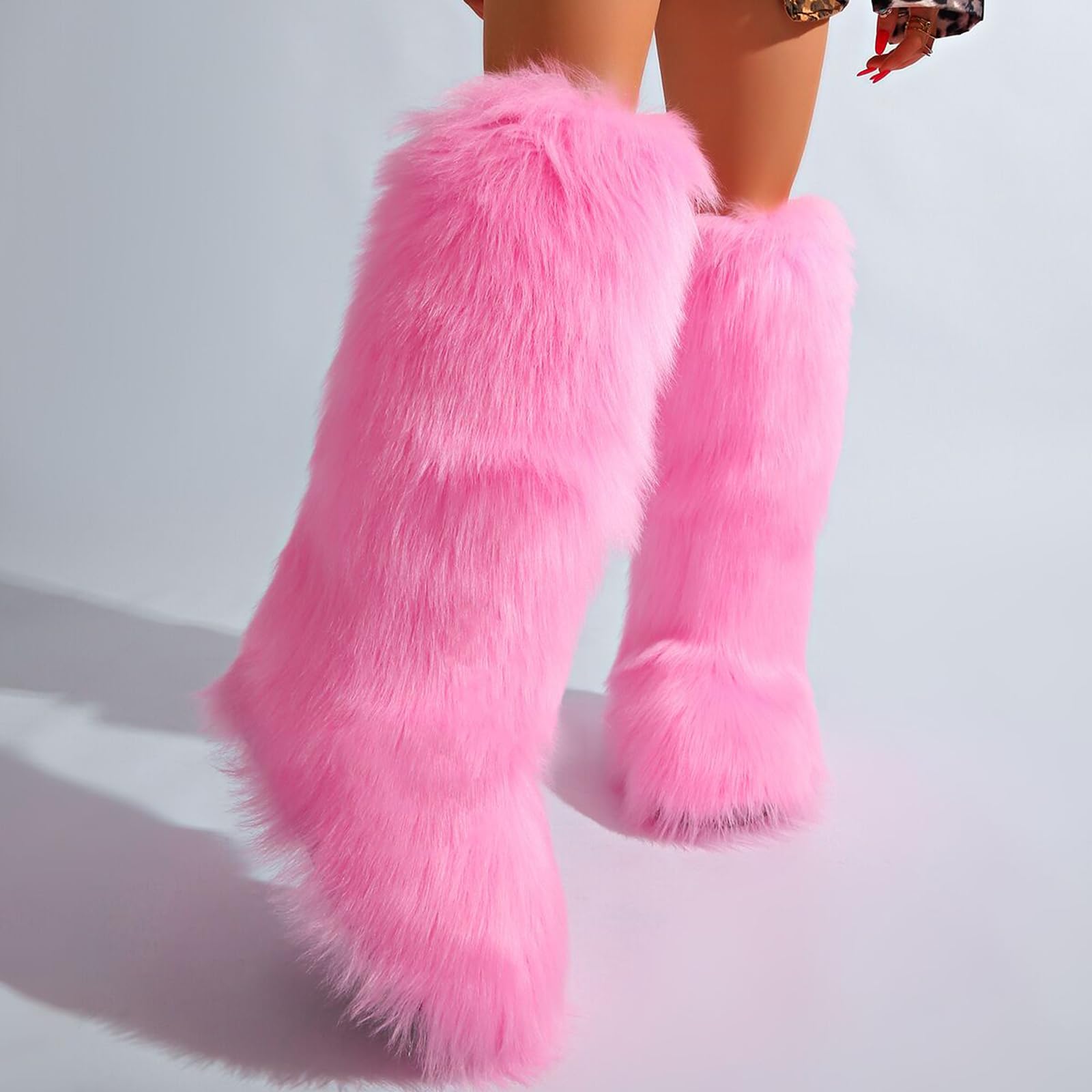Valpeak Womens Faux Fur Boot Winter Fluffy Long Furry Boots for Girls Outdoor Fuzzy Knee-High Boots Pink