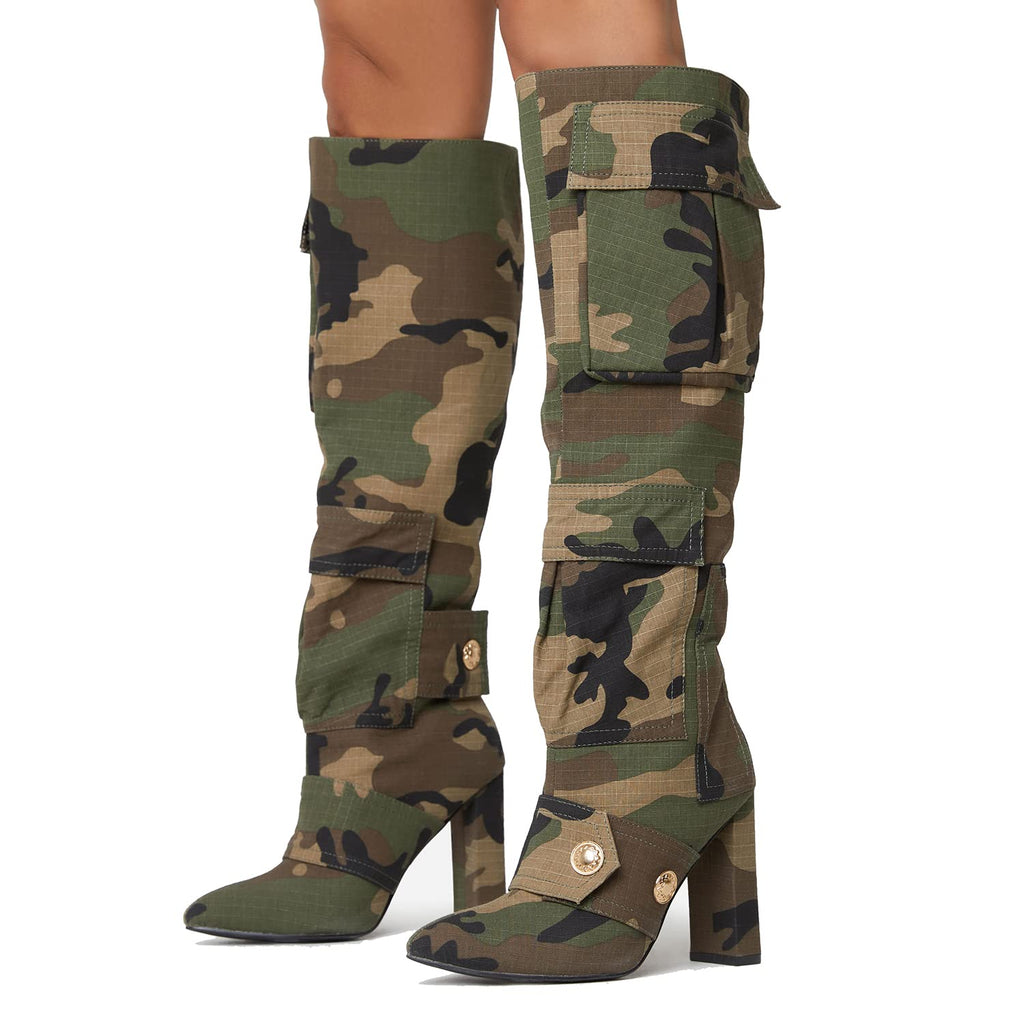 Arqa Women's Camo Knee High Boots Pointed Toe Block Heel Camouflage Boot with Metal Buttons Multiple Pockets Boot