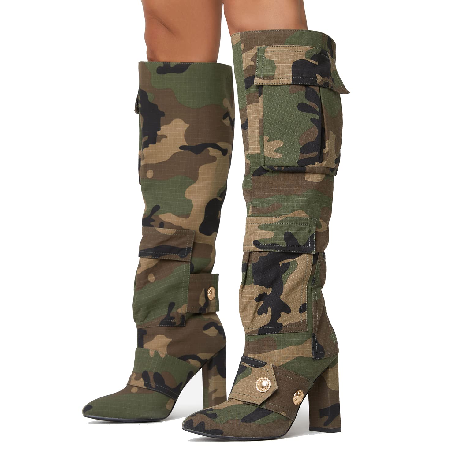 Arqa Women's Camo Knee High Boots Pointed Toe Block Heel Camouflage Boot with Metal Buttons Multiple Pockets Boot