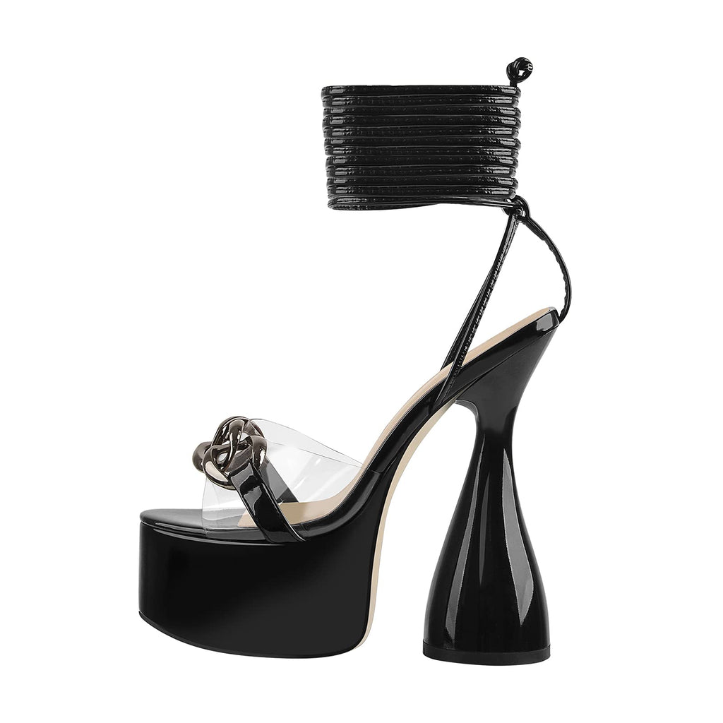 LISHAN Women's Clear Gladiator Heeled Sandals Round Toe Lace Up Chunky High Heels Platform Sandals PVC Chain Ankle Wrap Block Heels Transparent Faux Patent Leather Nightclub Party Shoes Black Size 14