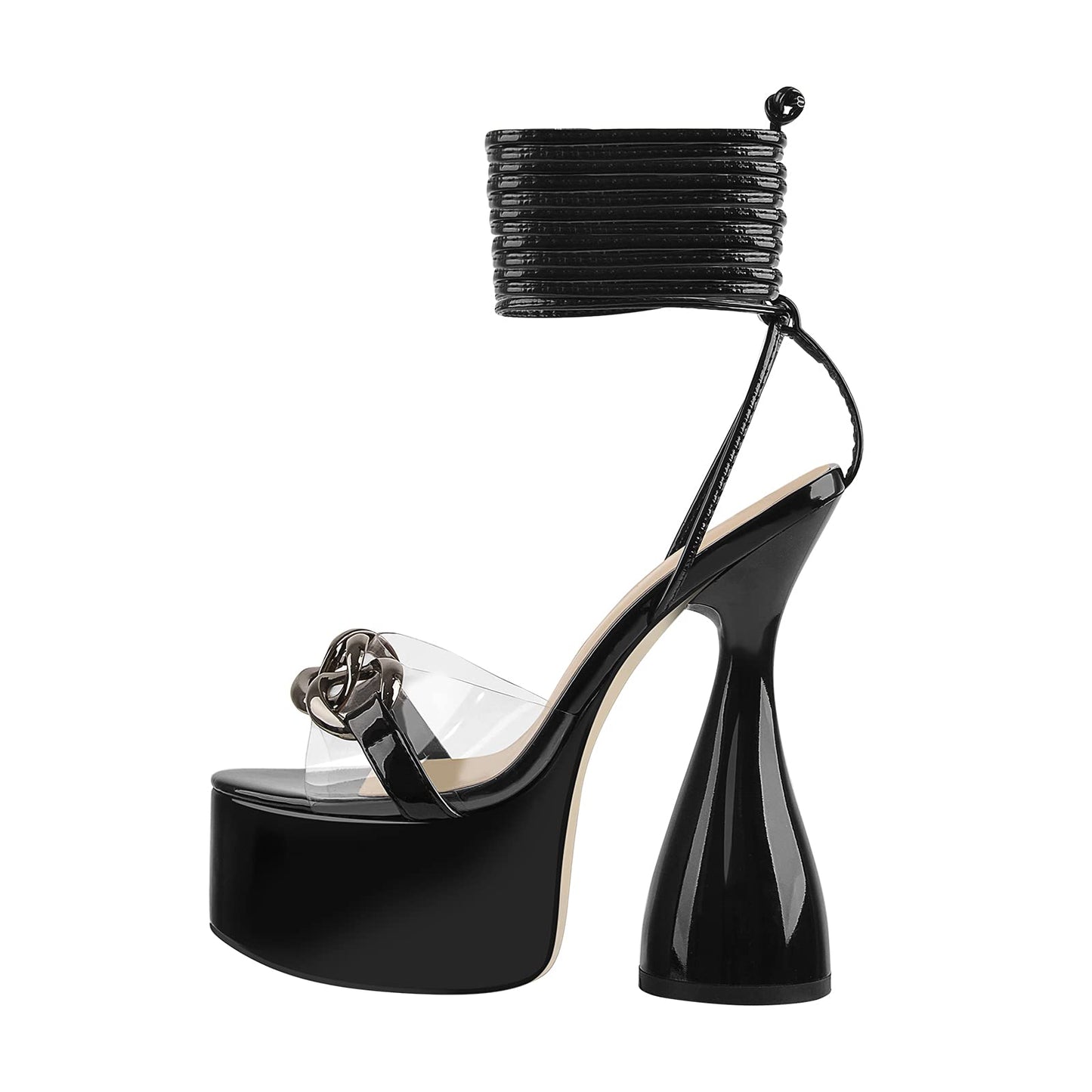 LISHAN Women's Clear Gladiator Heeled Sandals Round Toe Lace Up Chunky High Heels Platform Sandals PVC Chain Ankle Wrap Block Heels Transparent Faux Patent Leather Nightclub Party Shoes Black Size 14