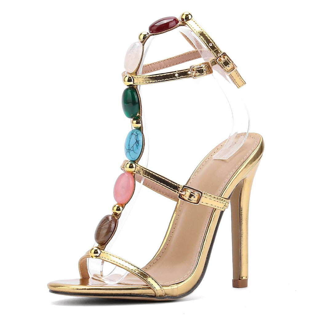 Kluolandi Jewelled Strappy Gold Heels for Women Open Toe Ankle Strap Gladiator Stiletto Heeled Sandals for Party Wedding Size 7