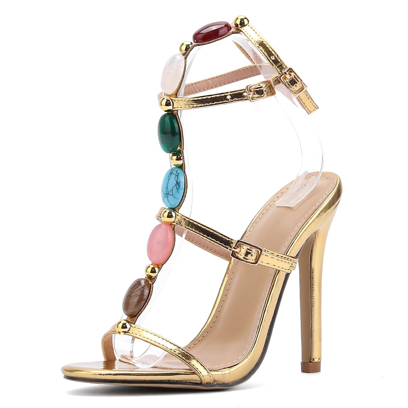 Kluolandi Jewelled Strappy Gold Heels for Women Open Toe Ankle Strap Gladiator Stiletto Heeled Sandals for Party Wedding Size 7