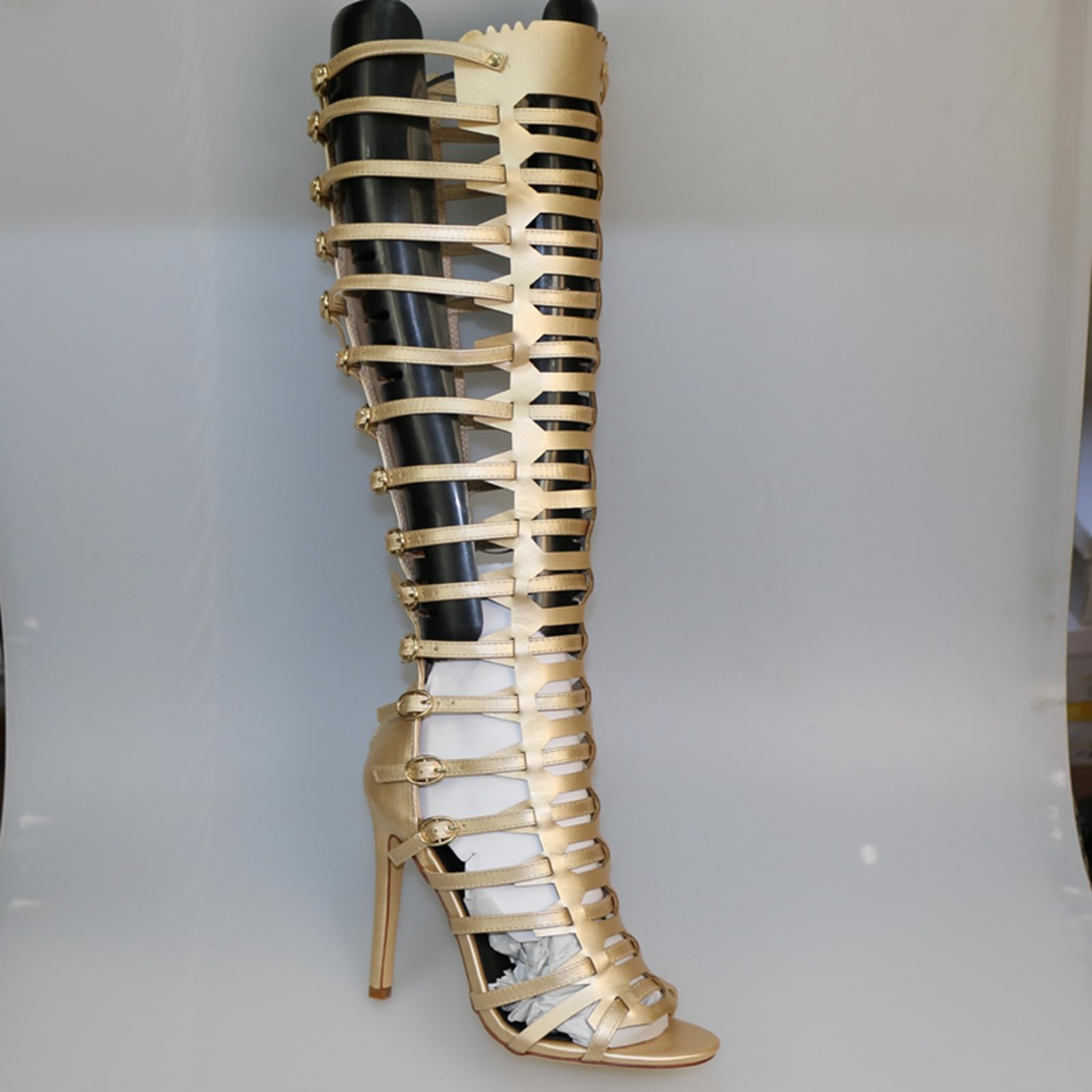 Minishion Gladiator Sandals for Women Tall Heels Stiletto Knee High Summer Boots Shoes TM029 Gold US 8