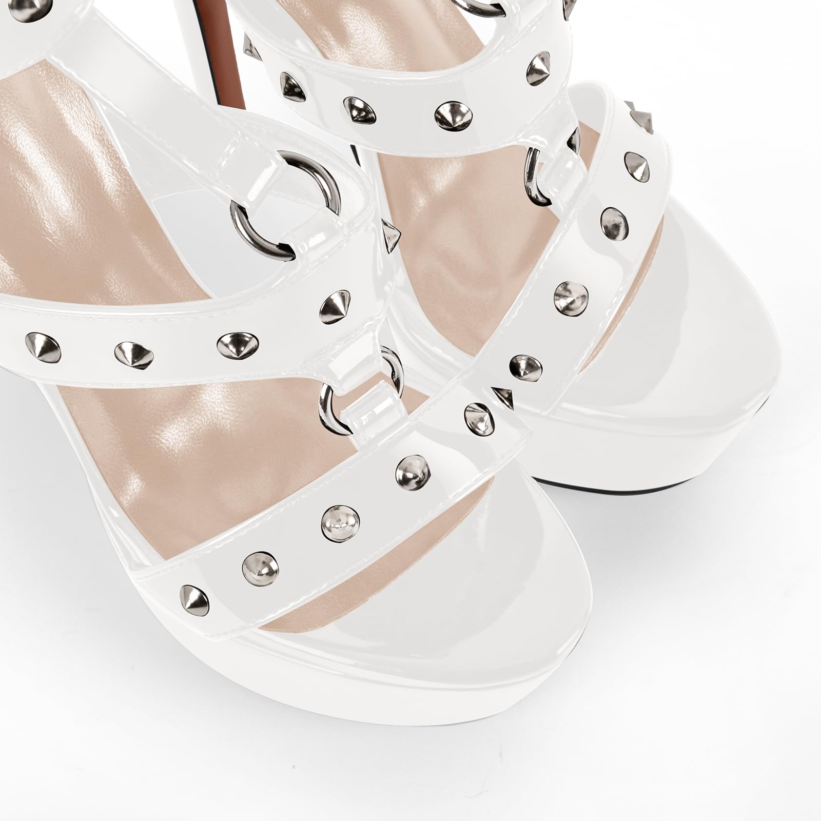 Only maker Open Toe Stiletto Heeled Platform Sandals for Women T-strappy Buckle up Rivet Studded Open-back Summer Sandals Embellished with Grommets White Size 14