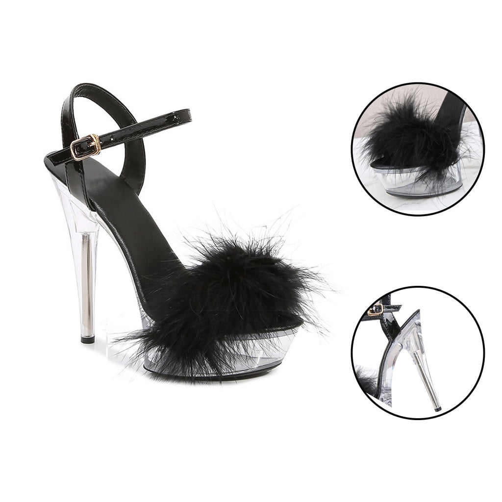 Baffoloo Women's Clear Platform Stiletto Fuzzy High-heeled Ankle Strap Party Casual Sexy Heels for Dancing Pole Dance Heels Casual Sandals Black