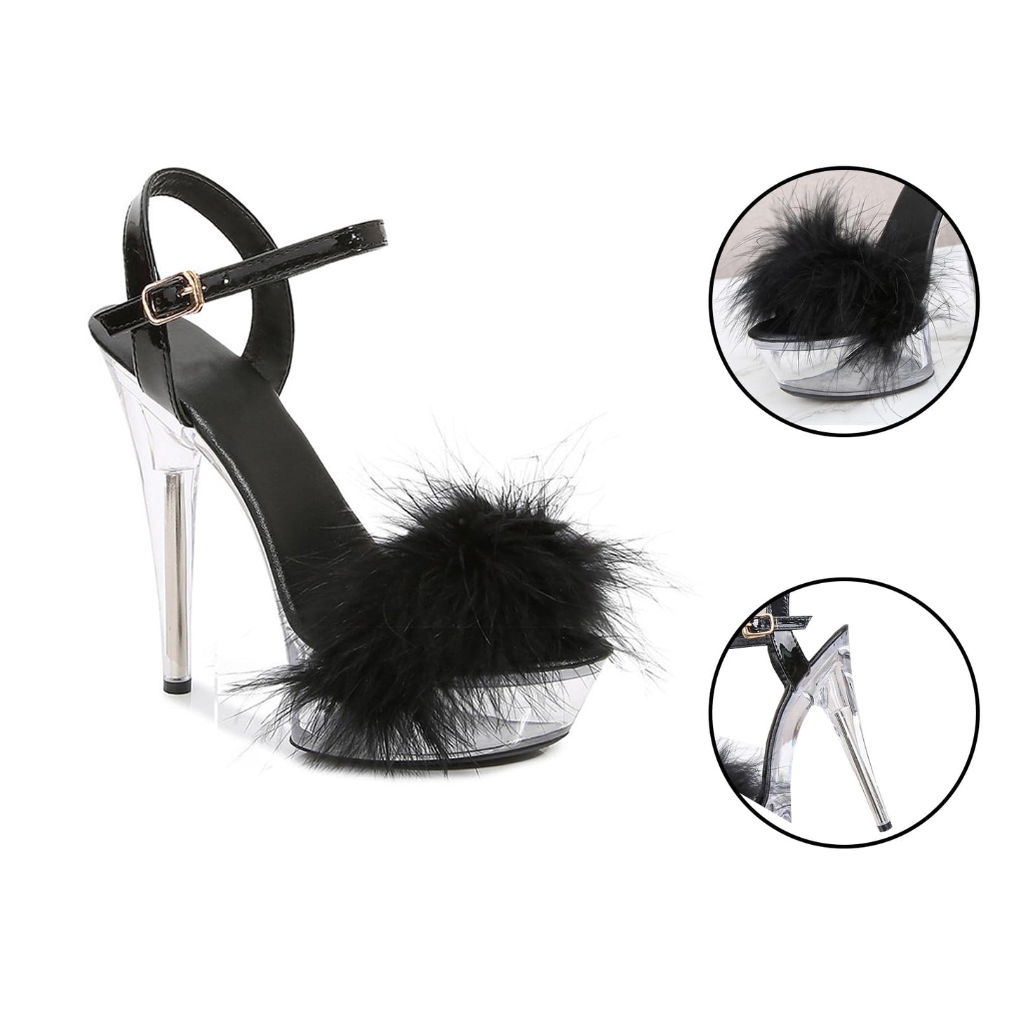 Baffoloo Women's Clear Platform Stiletto Fuzzy High-heeled Ankle Strap Party Casual Sexy Heels for Dancing Pole Dance Heels Casual Sandals Black