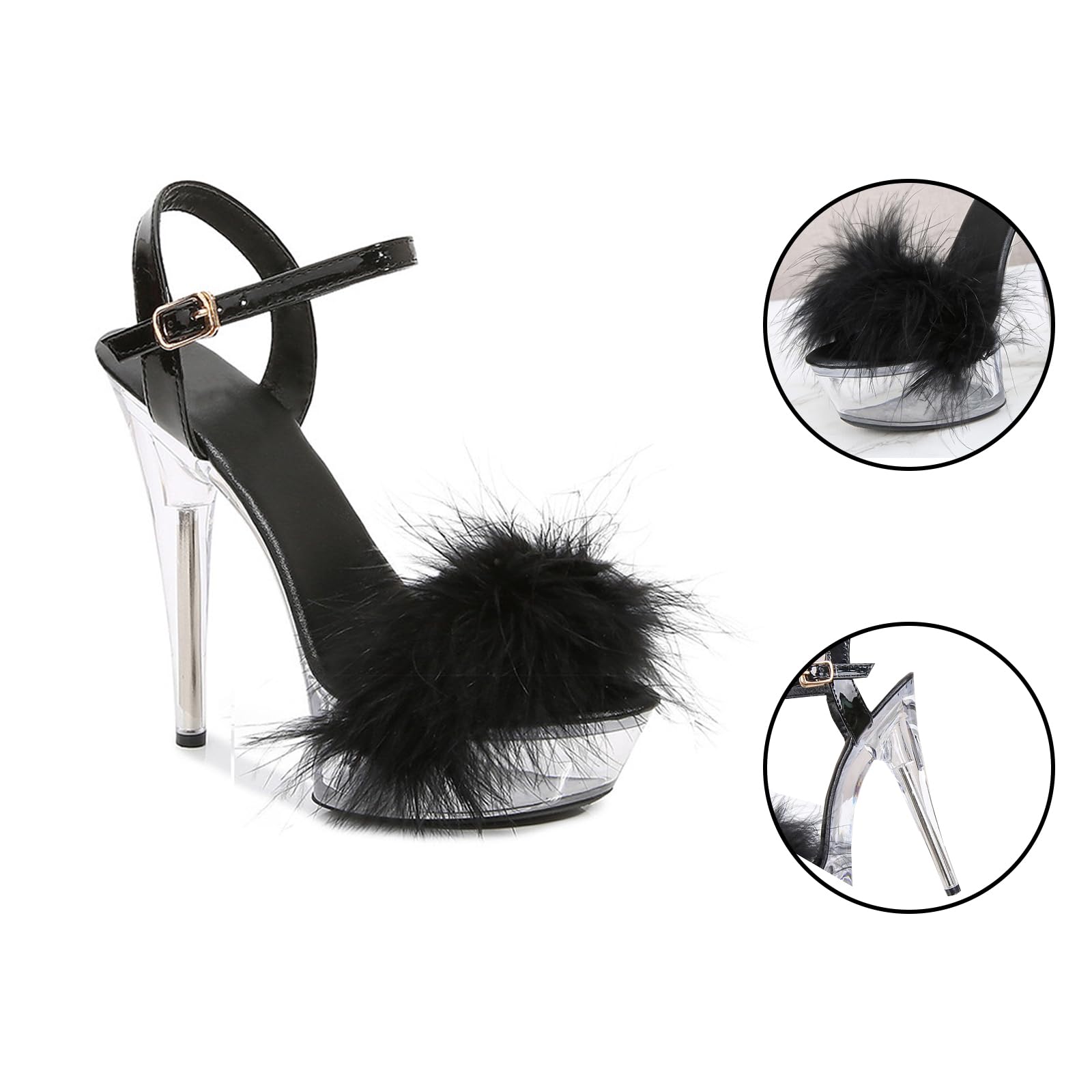 Baffoloo Women's Clear Platform Stiletto Fuzzy High-heeled Ankle Strap Party Casual Sexy Heels for Dancing Pole Dance Heels Casual Sandals Black