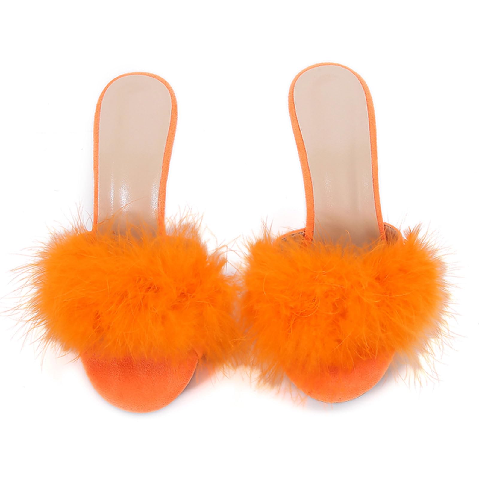 XHOGNLS Women's Feather Stiletto Prom Sandals Sexy Round Toe Fluffy Fur Feather Super High Heels Slip On Party Mules Fluff Slides For Evening Wedding Dress (Orange,7)