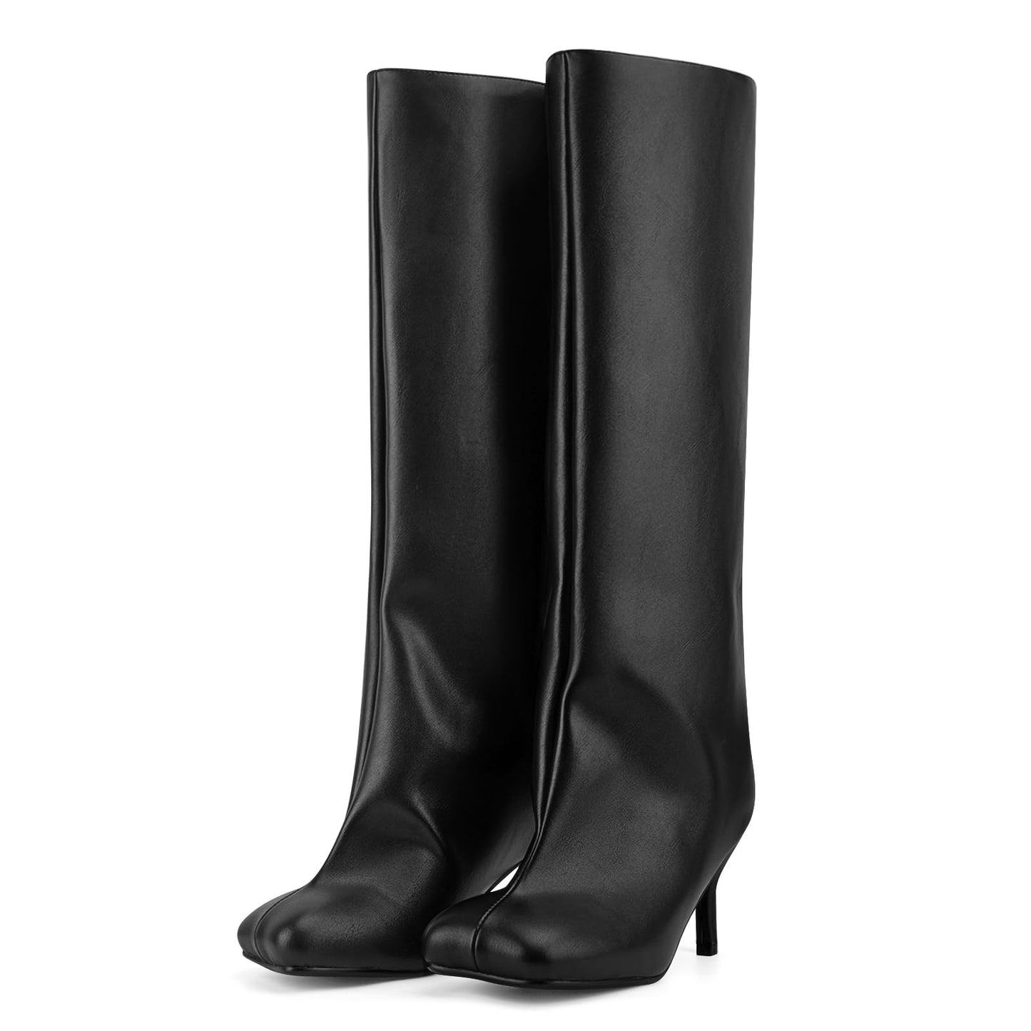 VOZTOLLS Black Knee High Boots for Women Square Toe Leather High Heel Tall Boots Stylish Casual Wide Calf Fall Boots Black