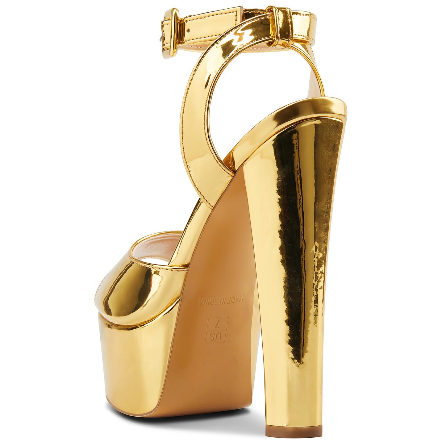 NobleOnly Womens Chunky Block High Platform Heel Peep Open Toe Ankle Strap Slingback Wedding Sandals 5.9 Inches Heels Gold Patent 8 M US