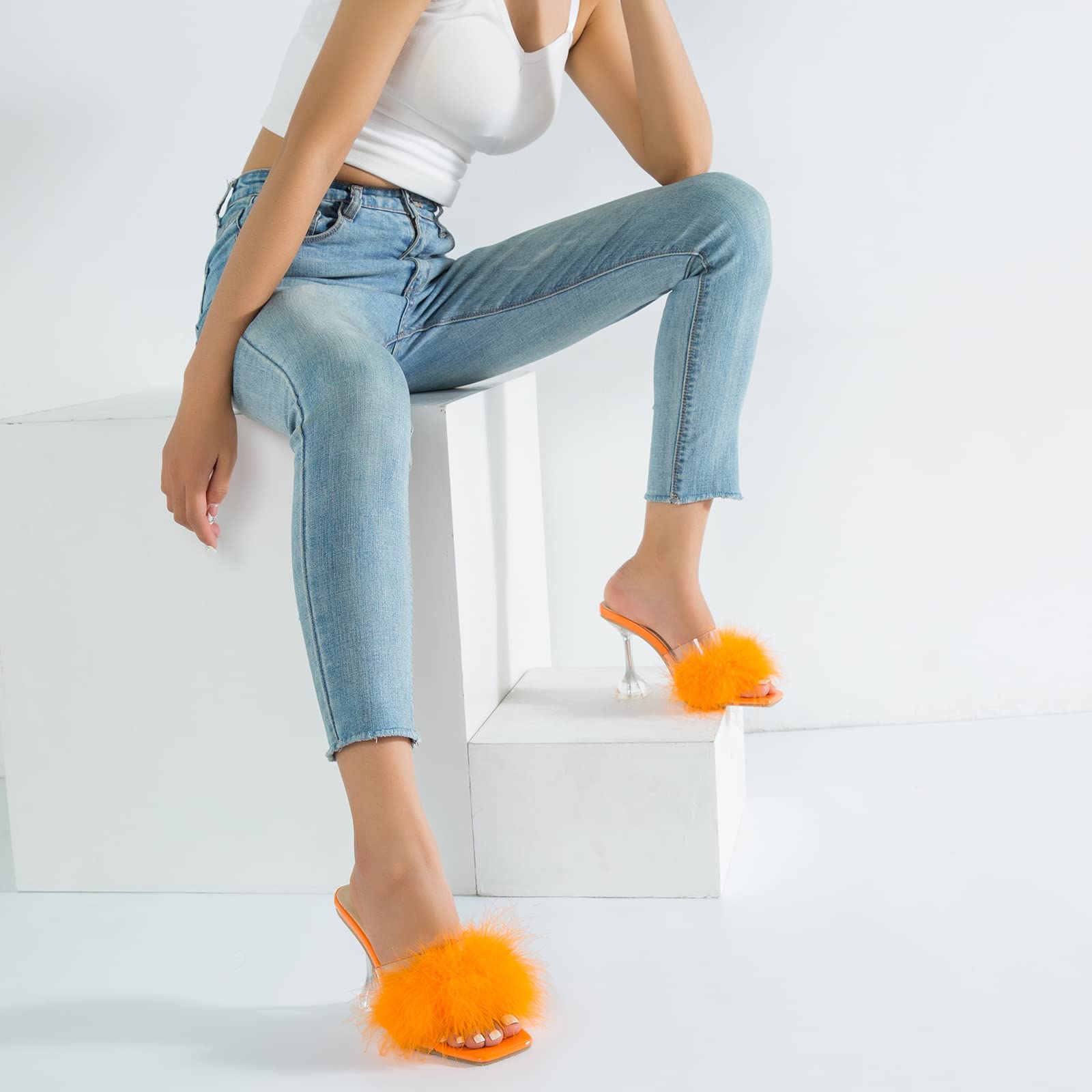 LIURUIJIA Women's Square Toe Feather Fluffy Fuzzy Heels High Heeled Dress Sandals Wedding Bridal Party Shoes Orange