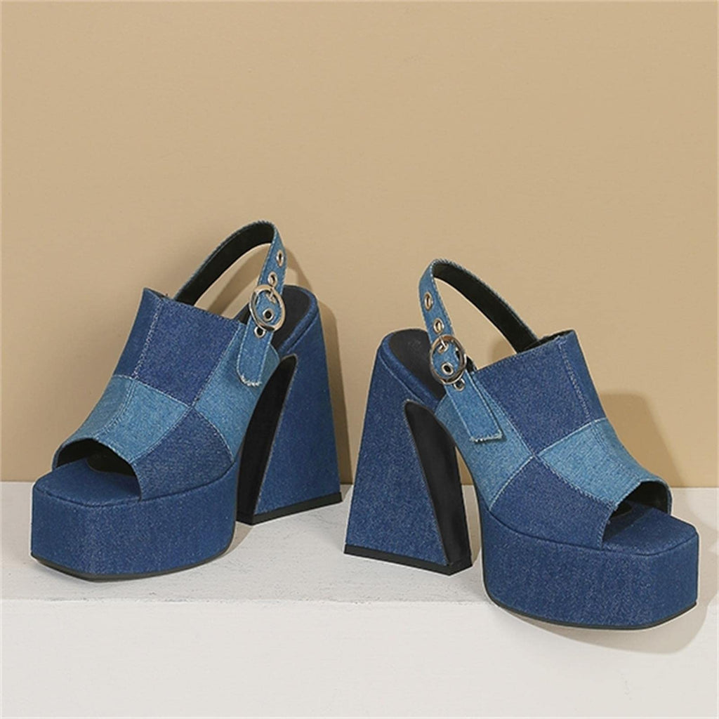 AIMODOR Women Checkered Platform Pumps Chunky Heels Sandals Open Square Toe Slingback Dress Pumps Blue