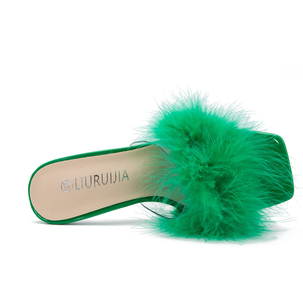 LIURUIJIA Feather High Heel Mules Sandals for Women Slip On Square Toe Clear Tapered Chunky Heels Fuzzy Fluffy Bridal Wedding Party Sexy Shoes Green