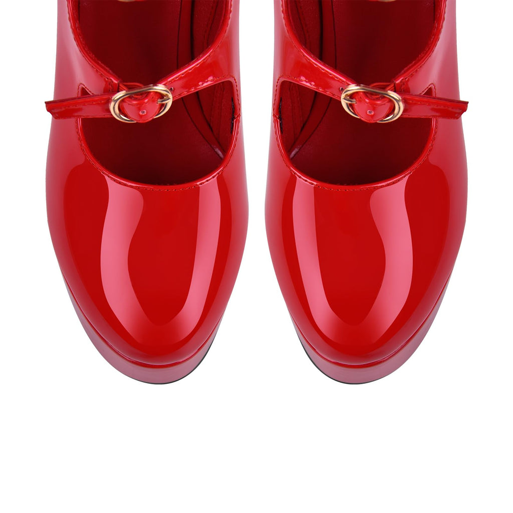 Rhineshell Women's Platform High Heels Side Zipper Adjustable Buckles Block Chunky Heel Faux Patent Leather Pumps Round Closed Toe Party Dress Hollow Out Ankle High Sandals Shoes Red