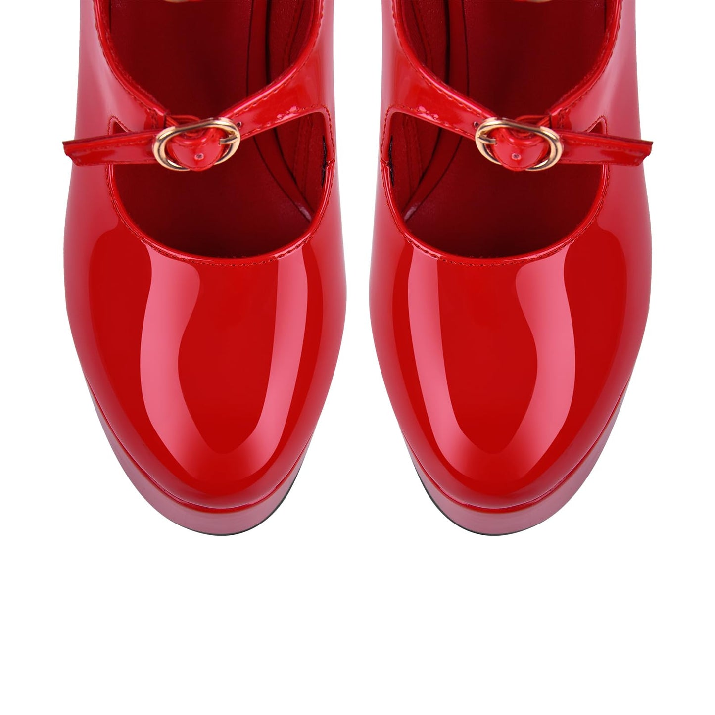 Rhineshell Women's Platform High Heels Side Zipper Adjustable Buckles Block Chunky Heel Faux Patent Leather Pumps Round Closed Toe Party Dress Hollow Out Ankle High Sandals Shoes Red