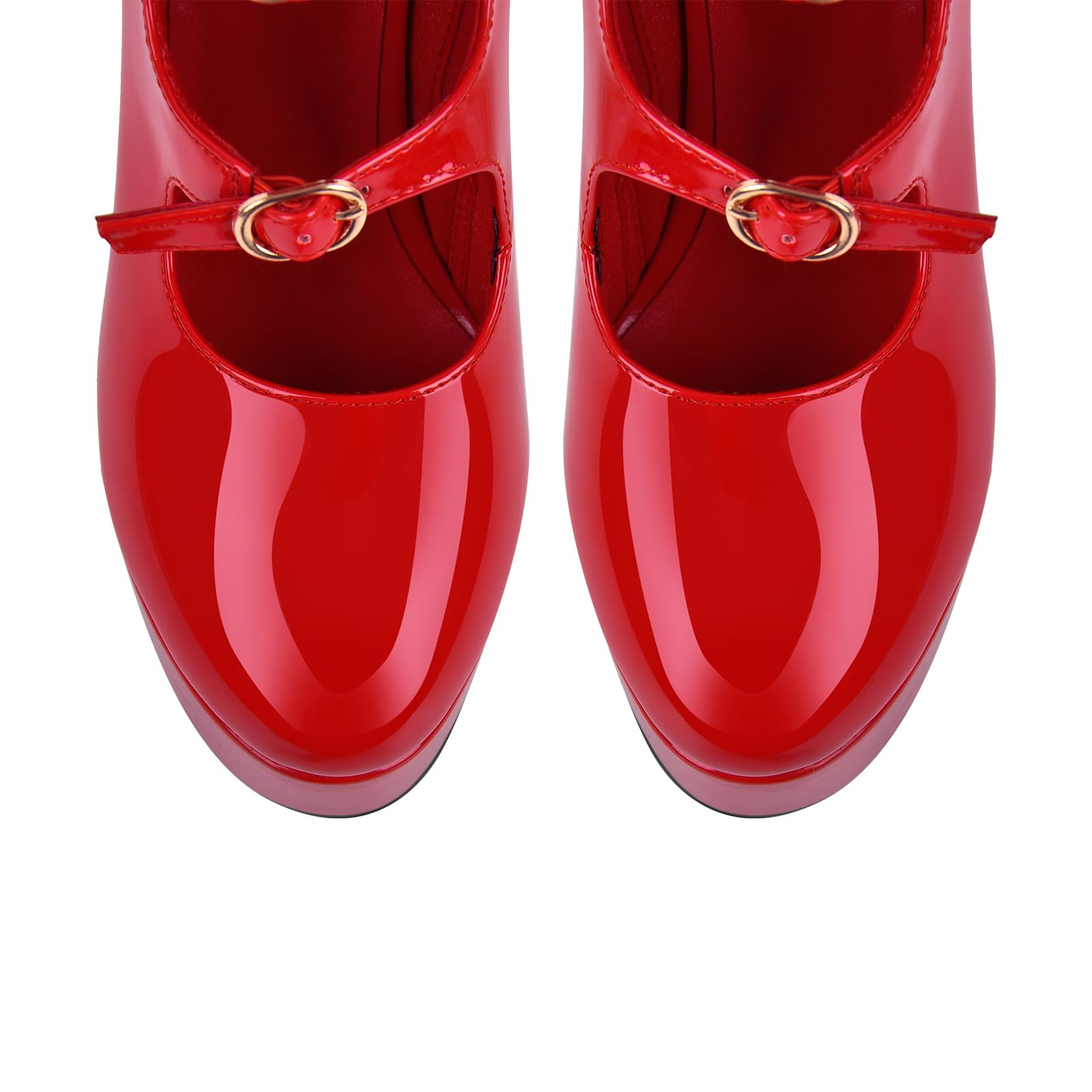 Rhineshell Women's Platform High Heels Side Zipper Adjustable Buckles Block Chunky Heel Faux Patent Leather Pumps Round Closed Toe Party Dress Hollow Out Ankle High Sandals Shoes Red