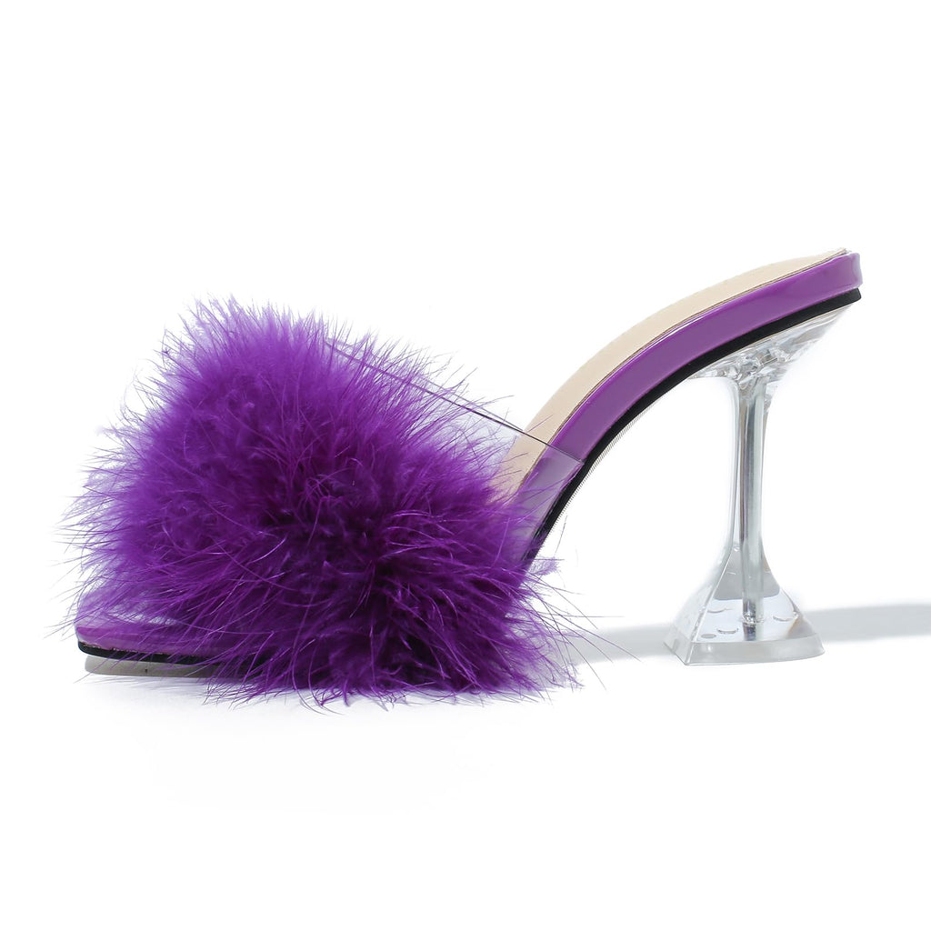 LIURUIJIA Women's Square Toe Feather Fluffy Fuzzy Heels High Heeled Dress Sandals Wedding Bridal Party Shoes Purple